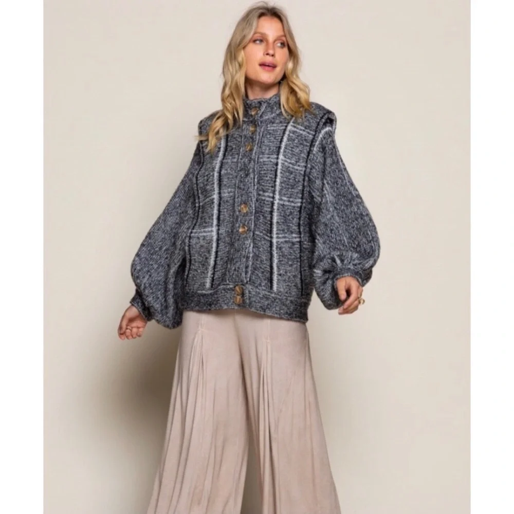 SALE! POL Gray Plaid Button Front Sweater Coat Military Inspired - Picture 7 of 8